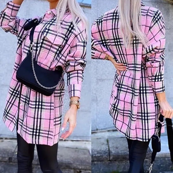 Wholesale Long Sleeved Plaid Loose Woolen Long Jacket Tops