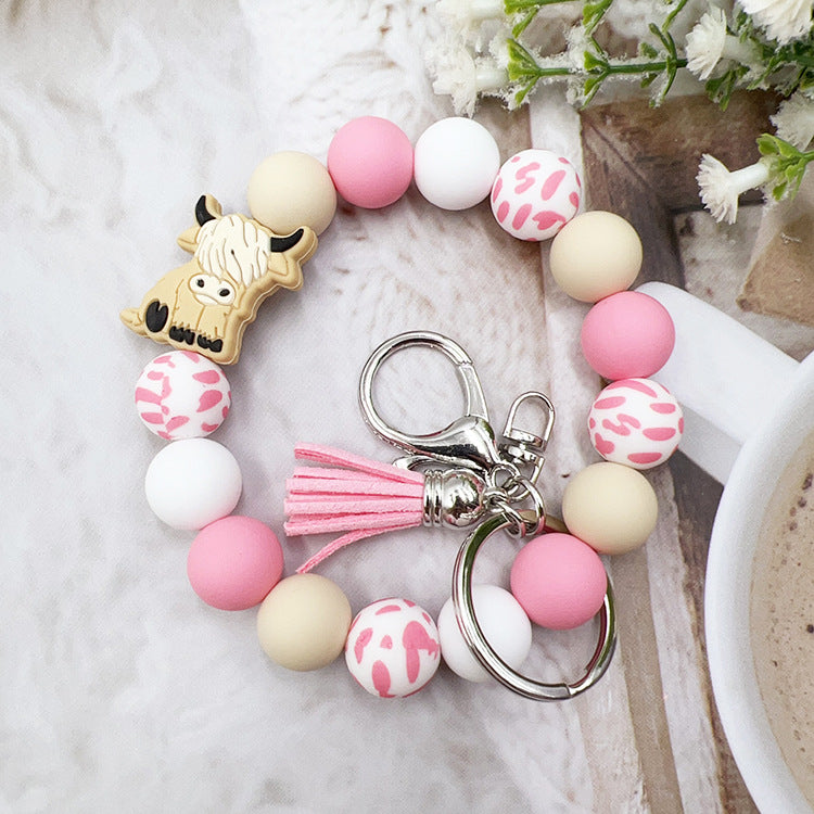 Wholesale Cartoon Small Animal Yak Silicone Beaded Bracelet Short Tassel Keychain