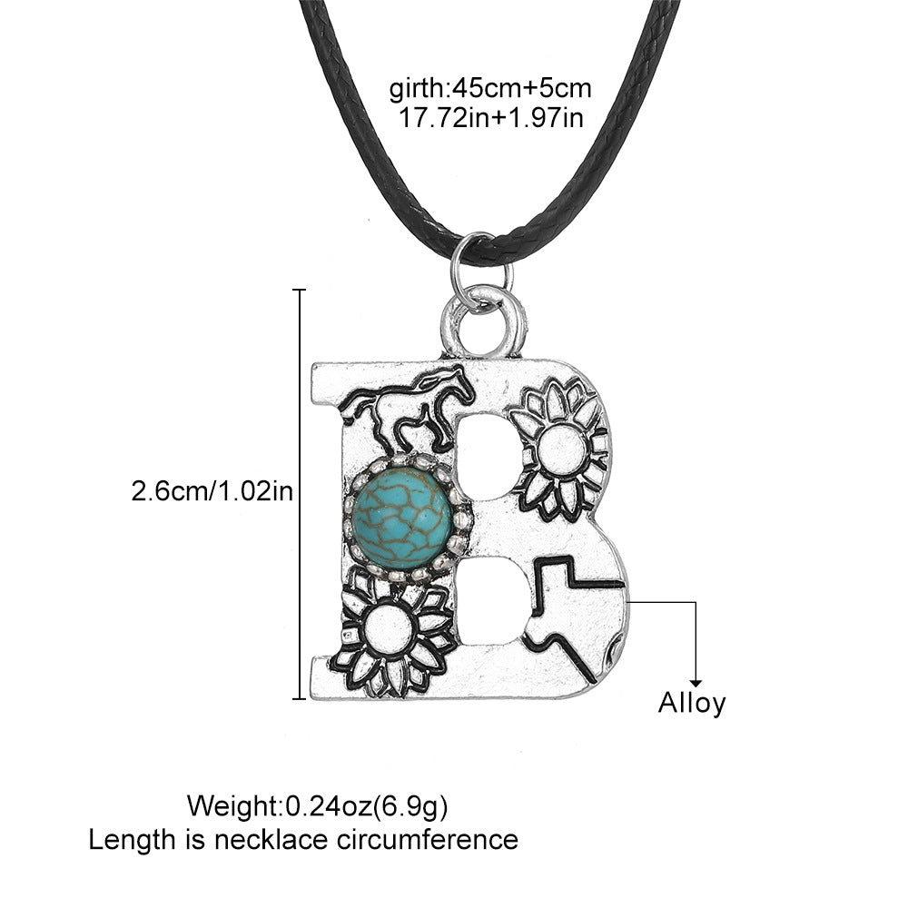 Wholesale English letter necklace western style cactus sunflower turquoise chain