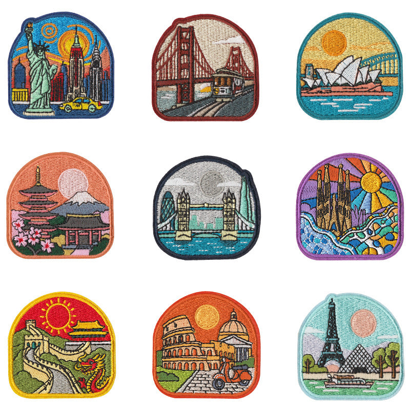 Wholesale Embroidered Travel Patch Set 9 Iron On World Landmark Badges For Clothing Towels And DIY Decor