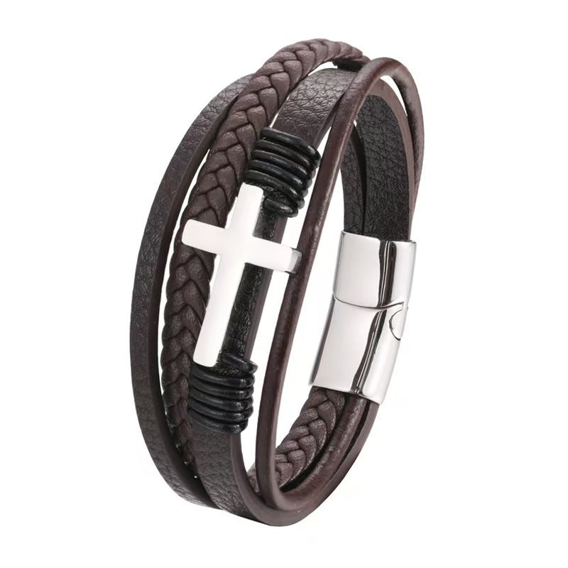 Wholesale Punk Cross Leather Men' s Multi-Layer Braided Bracelet