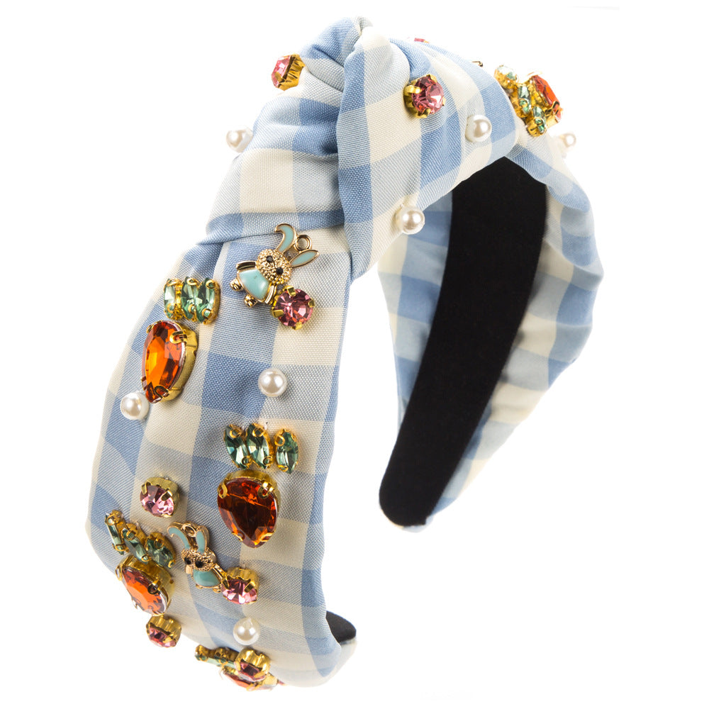 Wholesale Easter Mesh Fabric Hand-stitched Glass Diamond Rabbit Headband