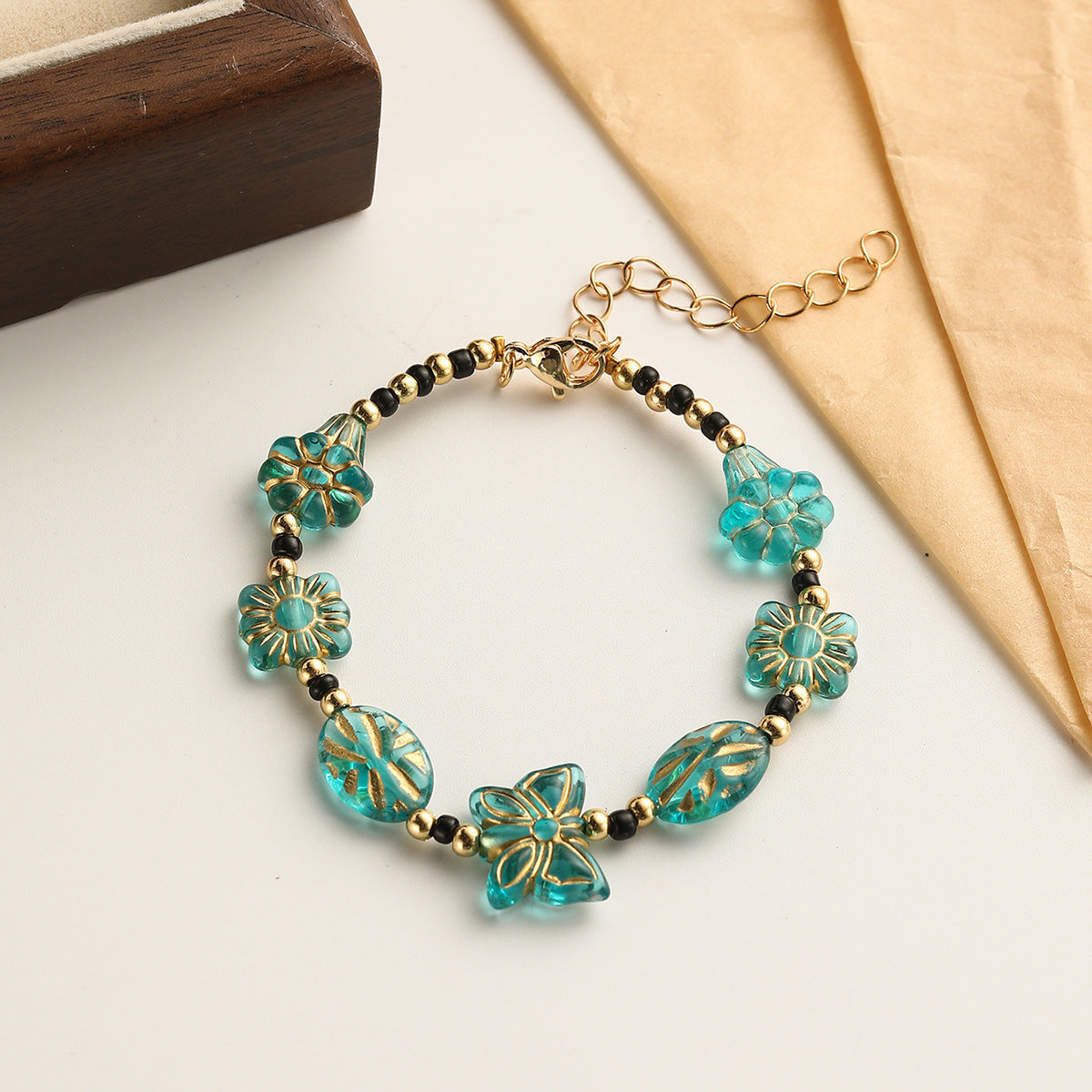 Wholesale Antique Golden Literary Retro Colorful Beaded Glass Bracelet