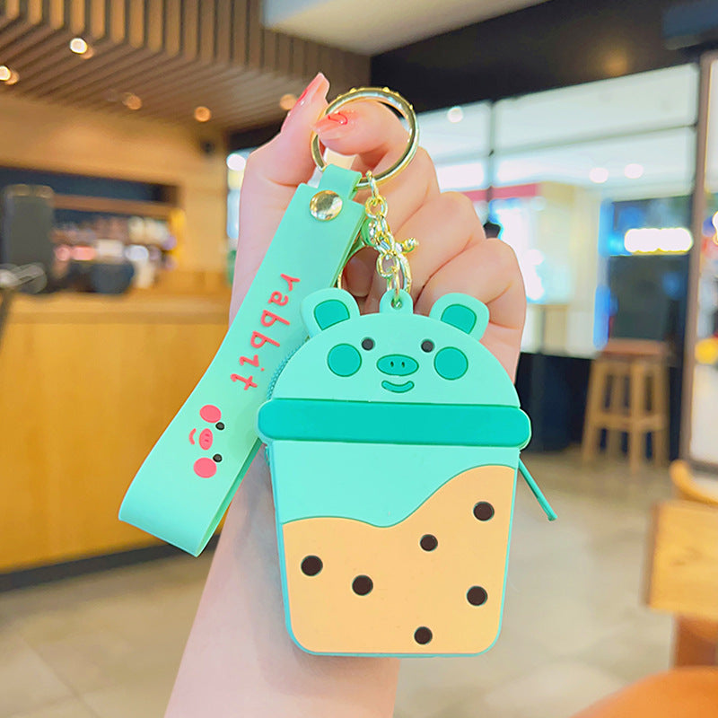 Wholesale Acrylic Cute Milk Tea Pig Silicone Coin Purse Keychain