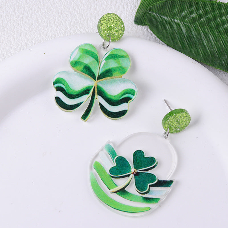 Wholesale St.  Patrick' s  Green AB Beer Acrylic  Clover Earrings