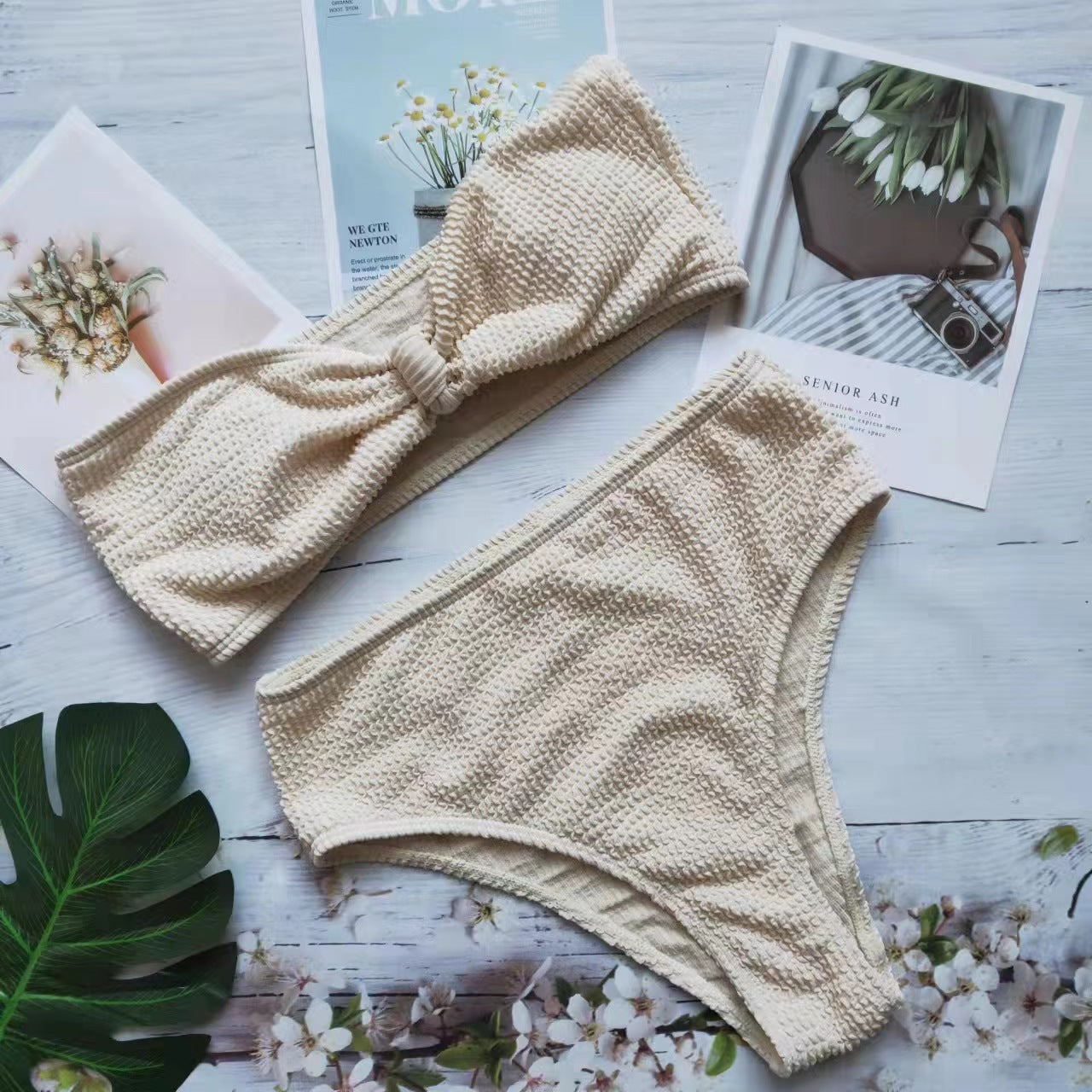 Wholesale Tube Top Split Wavy Fabric High Waist Swimwear