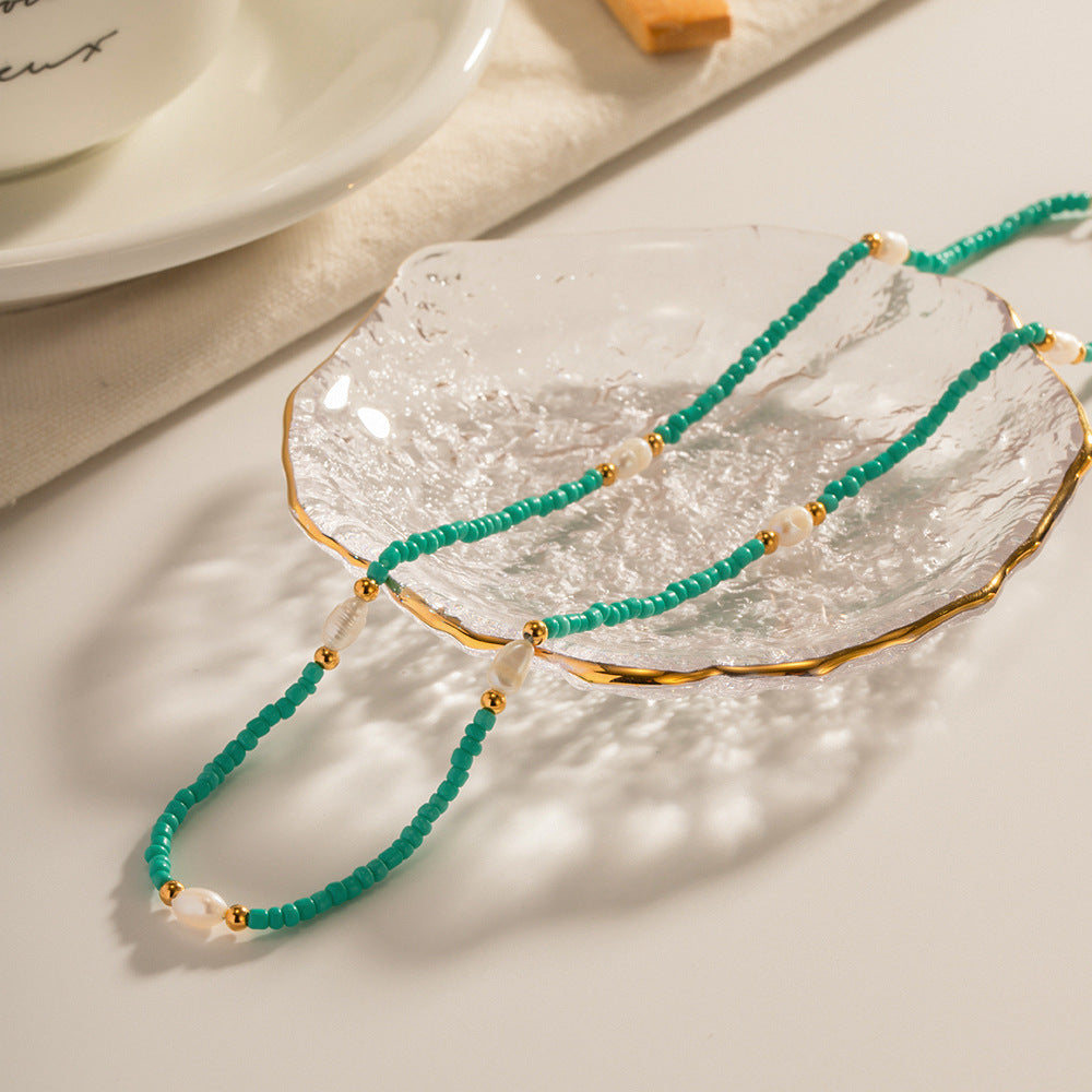 Wholesale Titanium Steel White Pearl Blue Color Millet Beads Necklaces