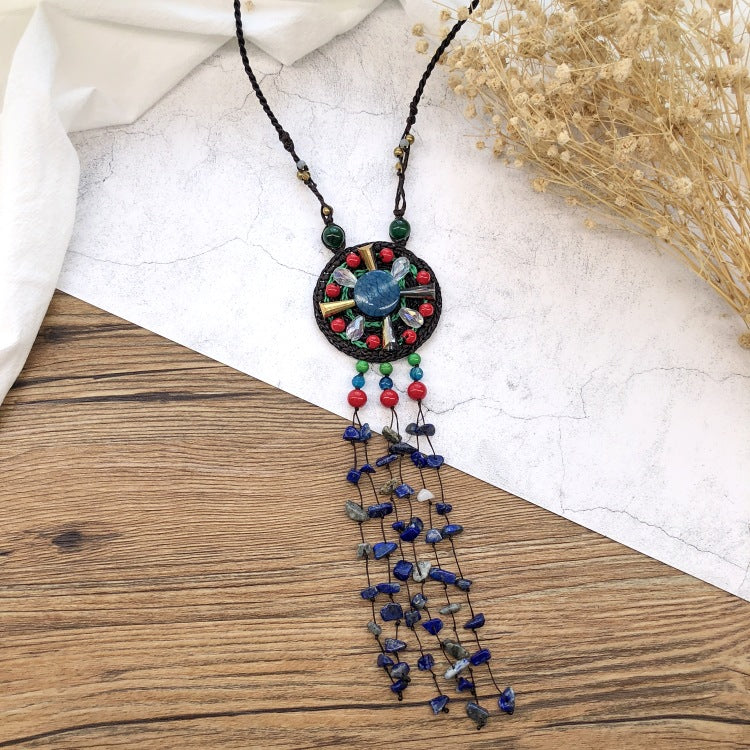 Wholesale Handmade Bohemian Vintage Natural Gravel Tassel Braided Necklace