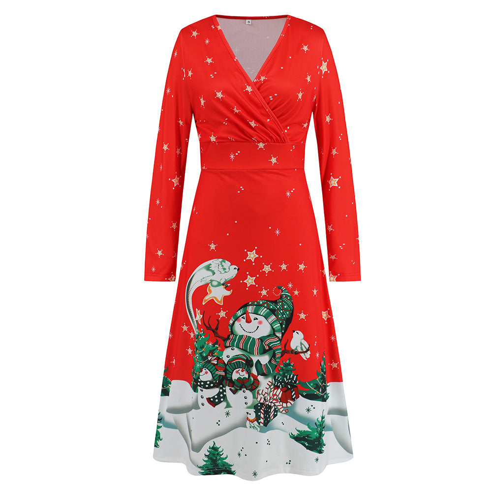 Wholesale Women's V Neck Long Sleeve Christmas Printed Dress