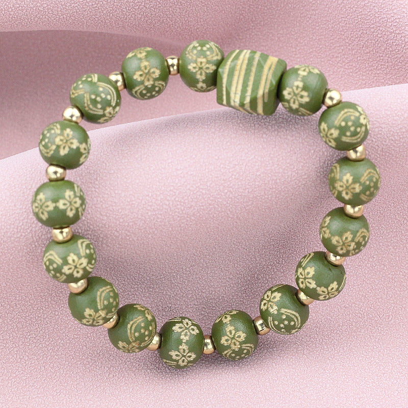 Wholesale Carved Wooden Bead Handmade Elastic Bracelet