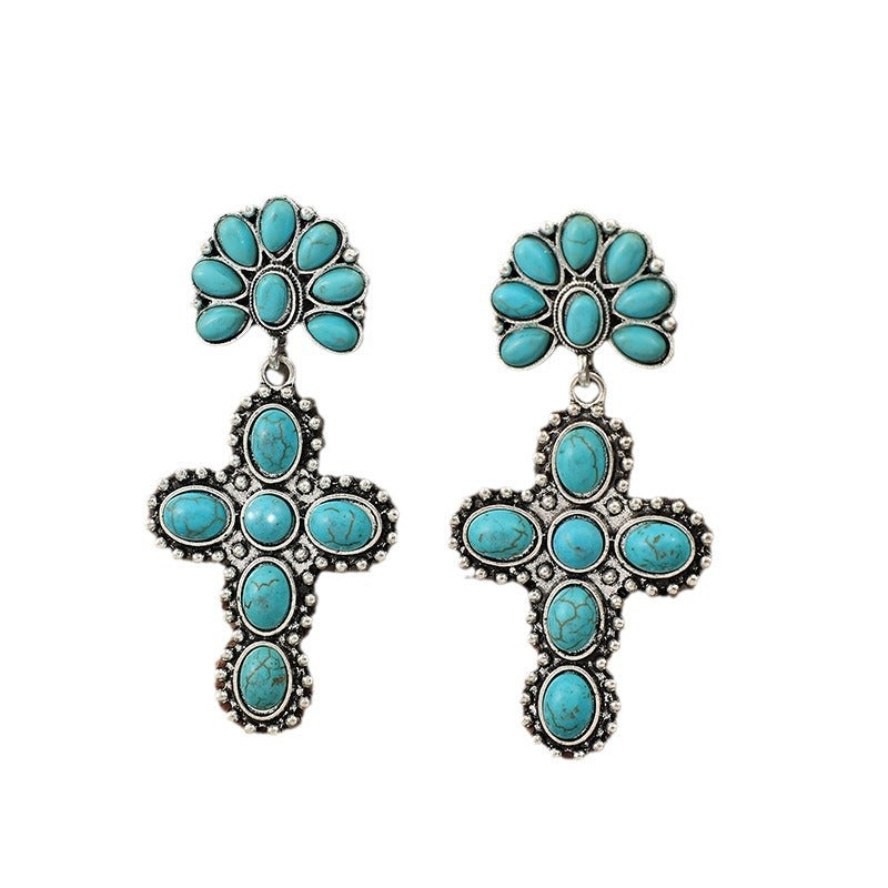 Wholesale Western Style Vintage Cross Stitching Half Flower Inlaid Turquoise Earrings