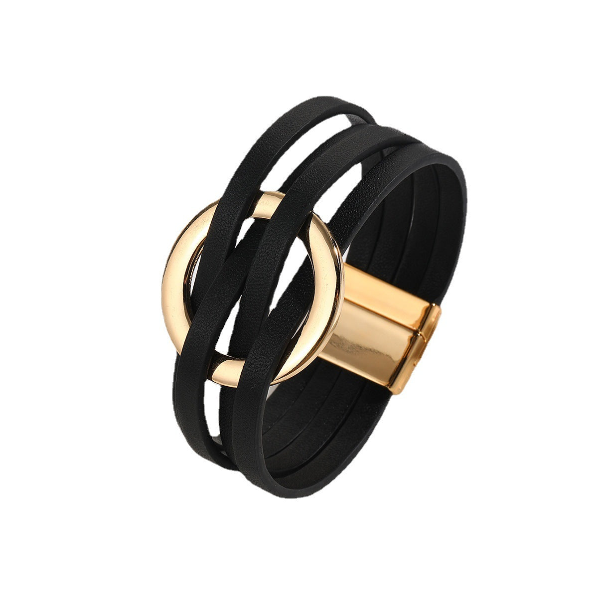 Wholesale Metal Leather Cross Women's Large Hoop Cuff Multi-layer Wristband Magnetic Clasp Bracelet