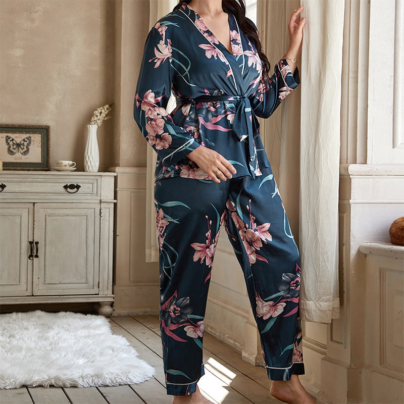 Wholesale Large Size Cardigan Lace-up Nightgown Pajamas Pants Polyester Loose Home Ladies Set
