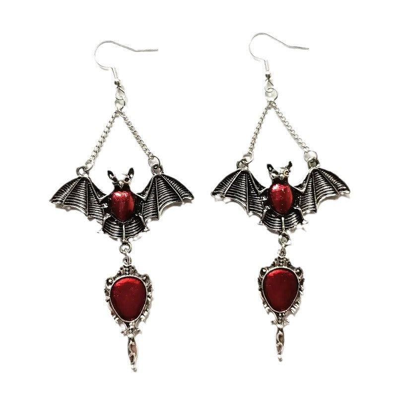 Wholesale Dark Gothic style exaggerated red vampire bat blood mirror earrings