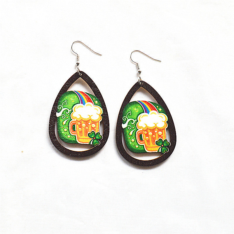 Wholesale innovative wooden St. parcret festival clover green rainbow dwarf Irish earrings