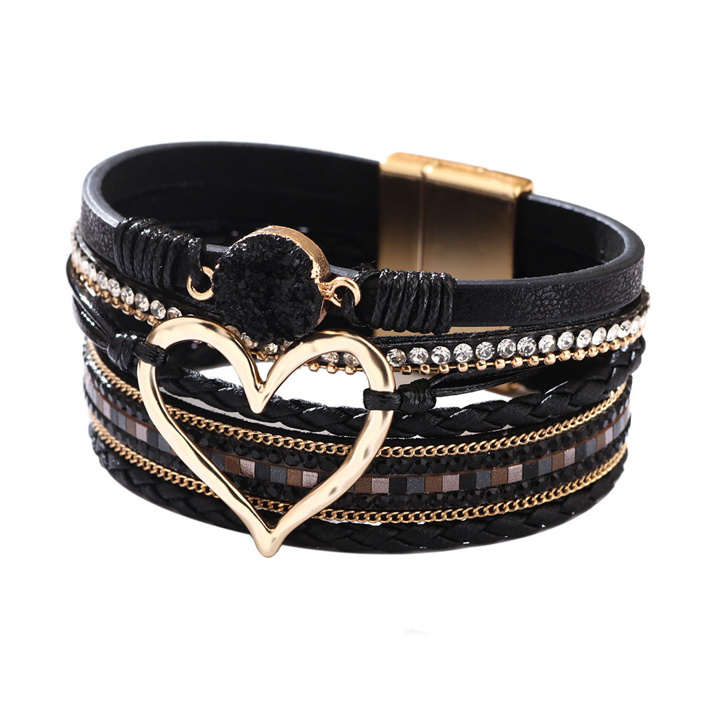 Wholesale Bohemian Heart Rhinestone Magnetic Leather Bracelet