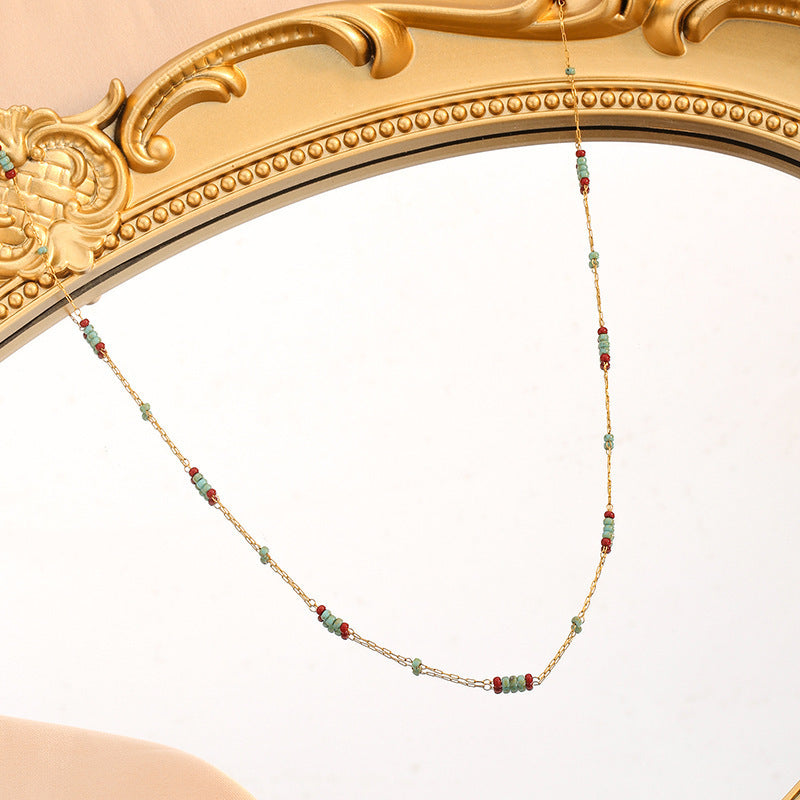 Wholesale Vintage Turquoise Pattern Glass Bead Choker Necklace Titanium Steel Fashion Jewelry Gift