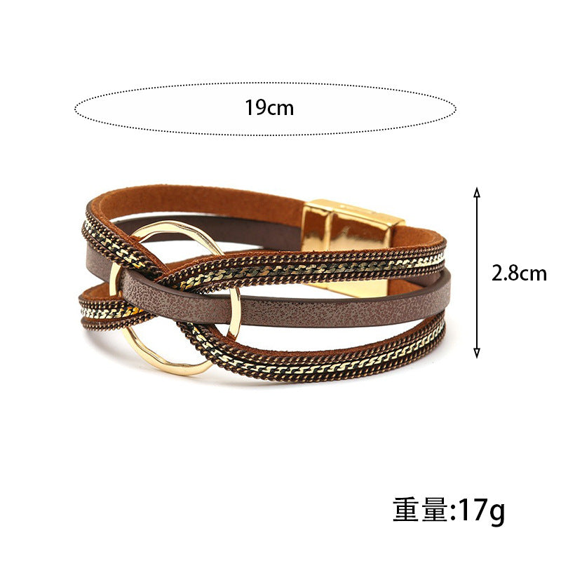 Wholesale Metal ring cross leather women' s bracelet
