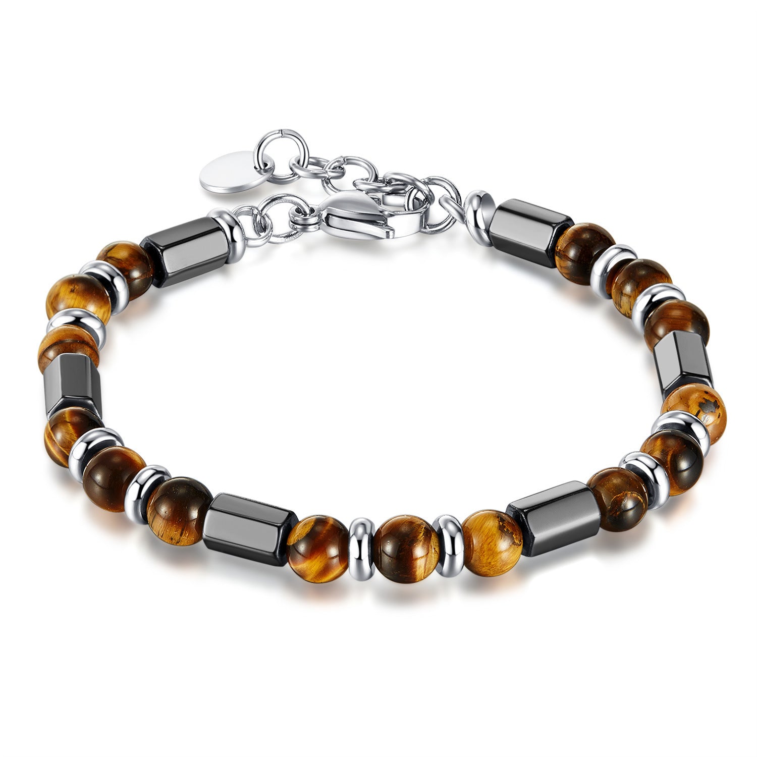 Wholesale Maillard Geometric Tiger Eye Stone Stainless Steel Beaded Chain Men's Bracelet