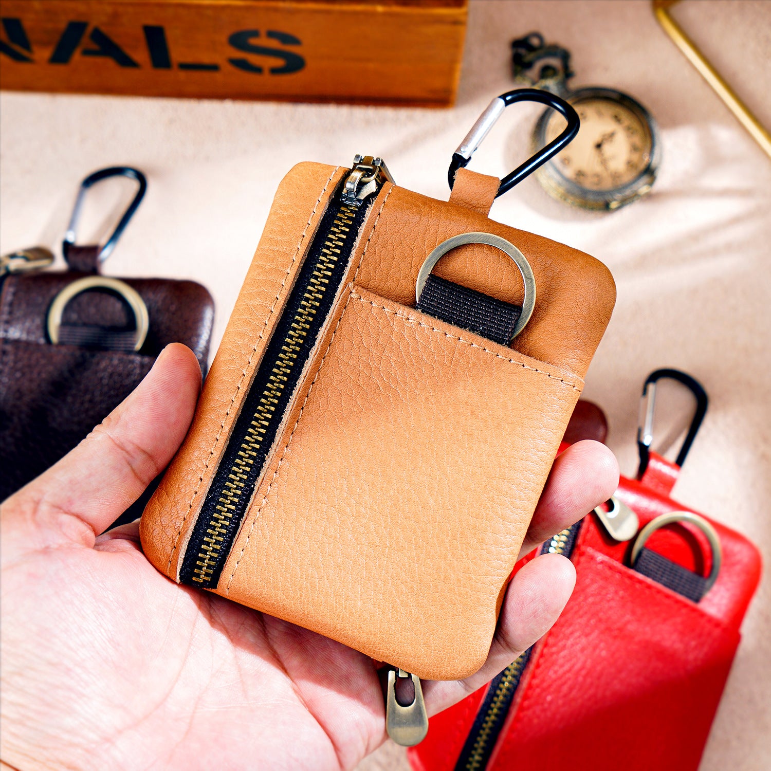 Wholesale Mini Zipper Cowhide Coin Purse Leather Keychain