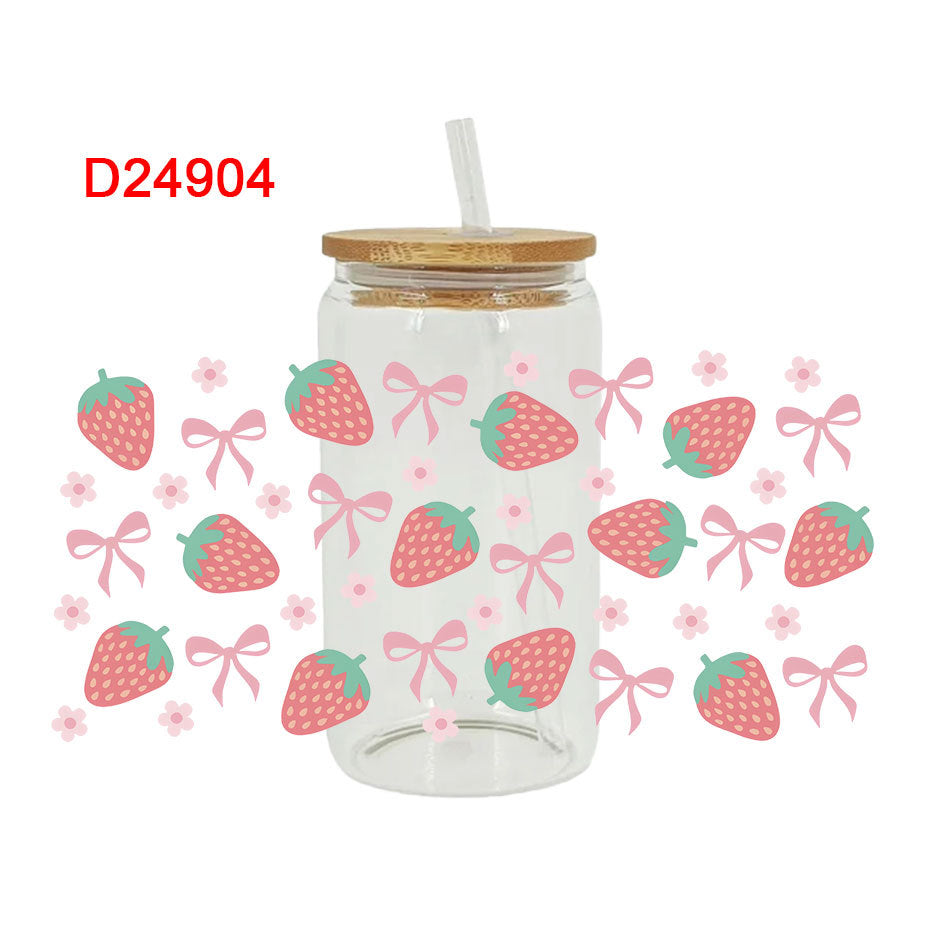 Wholesale Cute Cartoon Pink Strawberry Bow 16oz Cup UV DTF Wraps
