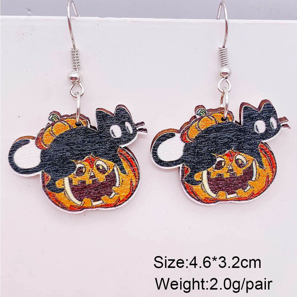 Wholesale Halloween Smiley Pumpkin Black Cat Candy Hand Basket Wooden Earrings