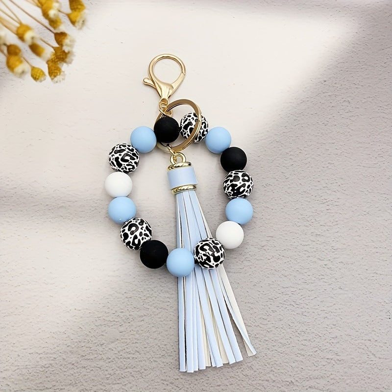 Wholesale 5pcs Leopard Print White Base Wood Beads Wristlet Keychain