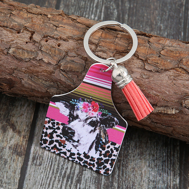 Patrón de vaca de estilo occidental al por mayor Cactus Animal Pattern Tassel Keychain