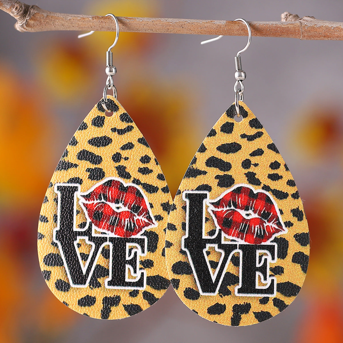 Wholesale Valentine's Day Love Leopard Heart Water Drop Pendant PU Double-sided Valentine's Day Earrings