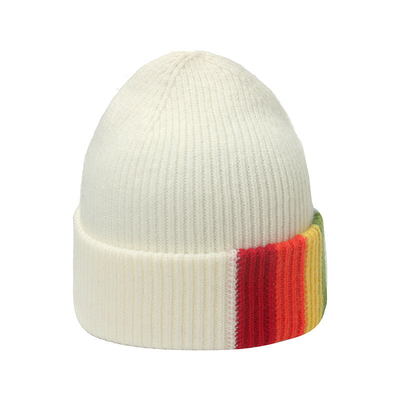 Wholesale Autumn and Winter Rainbow Striped Jacquard Acrylic Knitted Hat