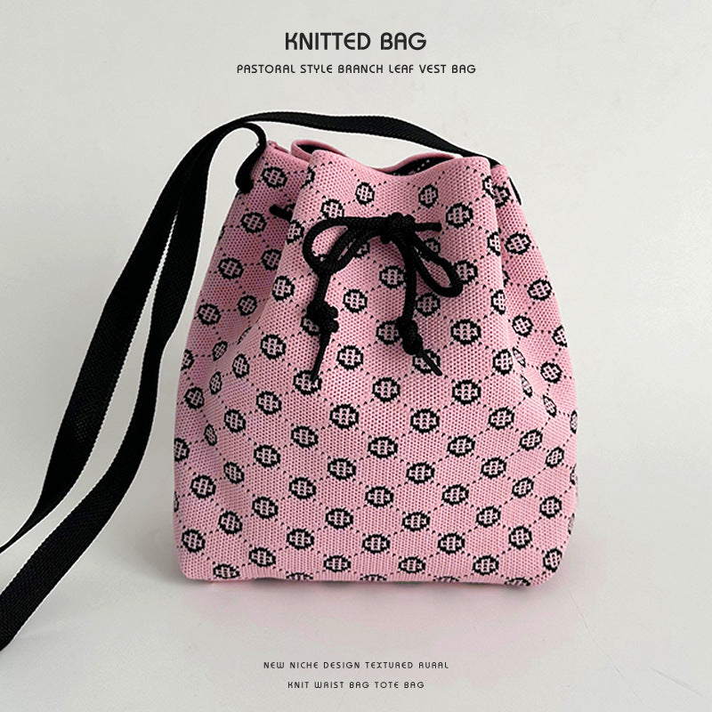 Wholesale Knitted wool drawstring lunch box bag handbag hand tote bag bucket bag