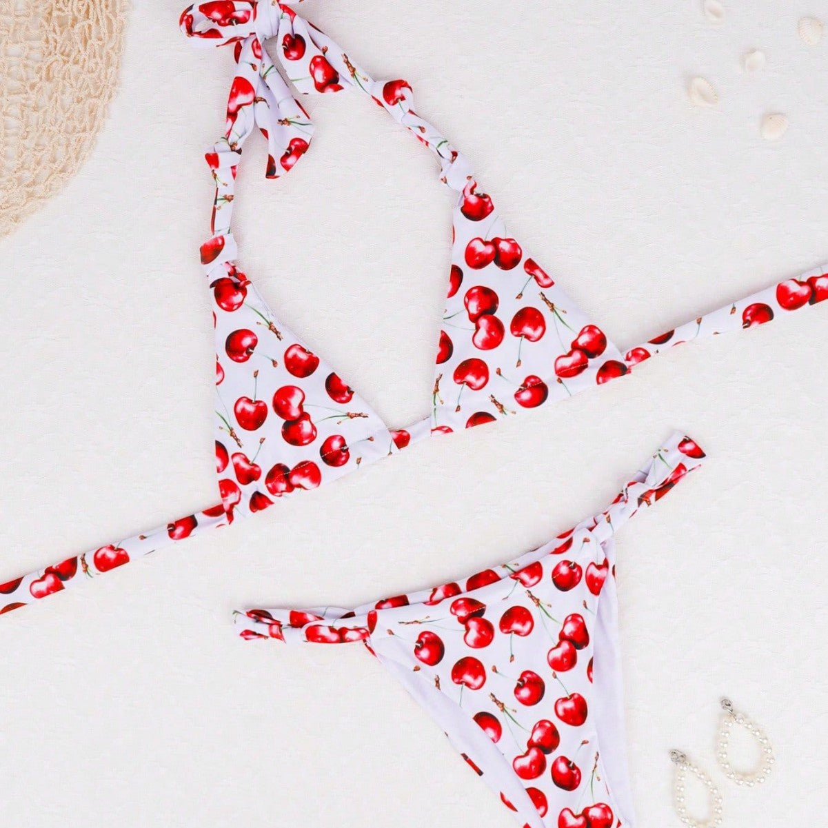 Wholesale Cherry print swimsuit double strap triangle bag swimsuit two piece set