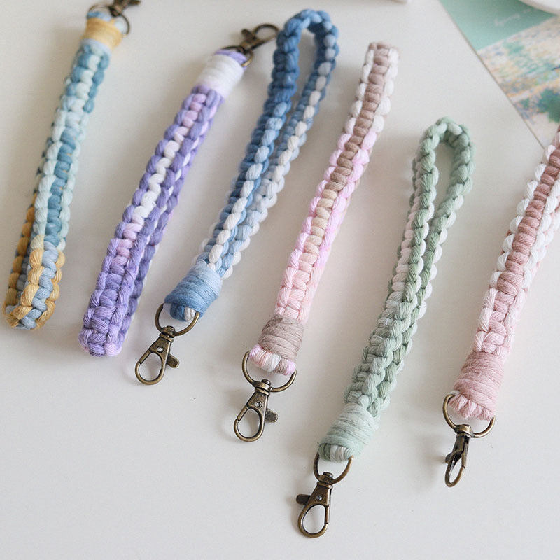 Wholesale Bohemian Gradient Color Braided Cotton Rope Wrist Strap Keychain