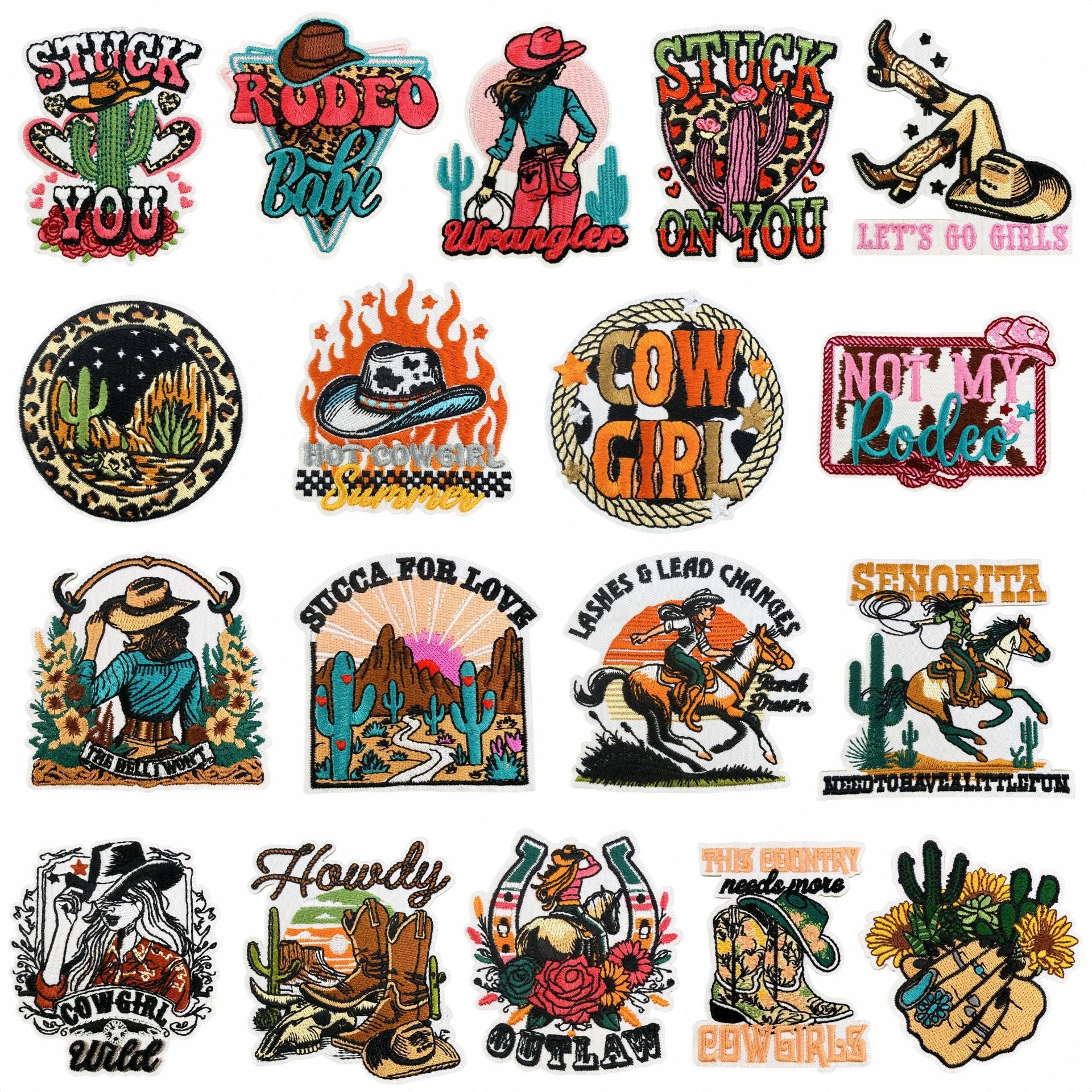 Wholesale Chic Cowgirl Western Embroidered Patch Set 18Pc Leopard Cactus Design Sew On Badge Craft Supply