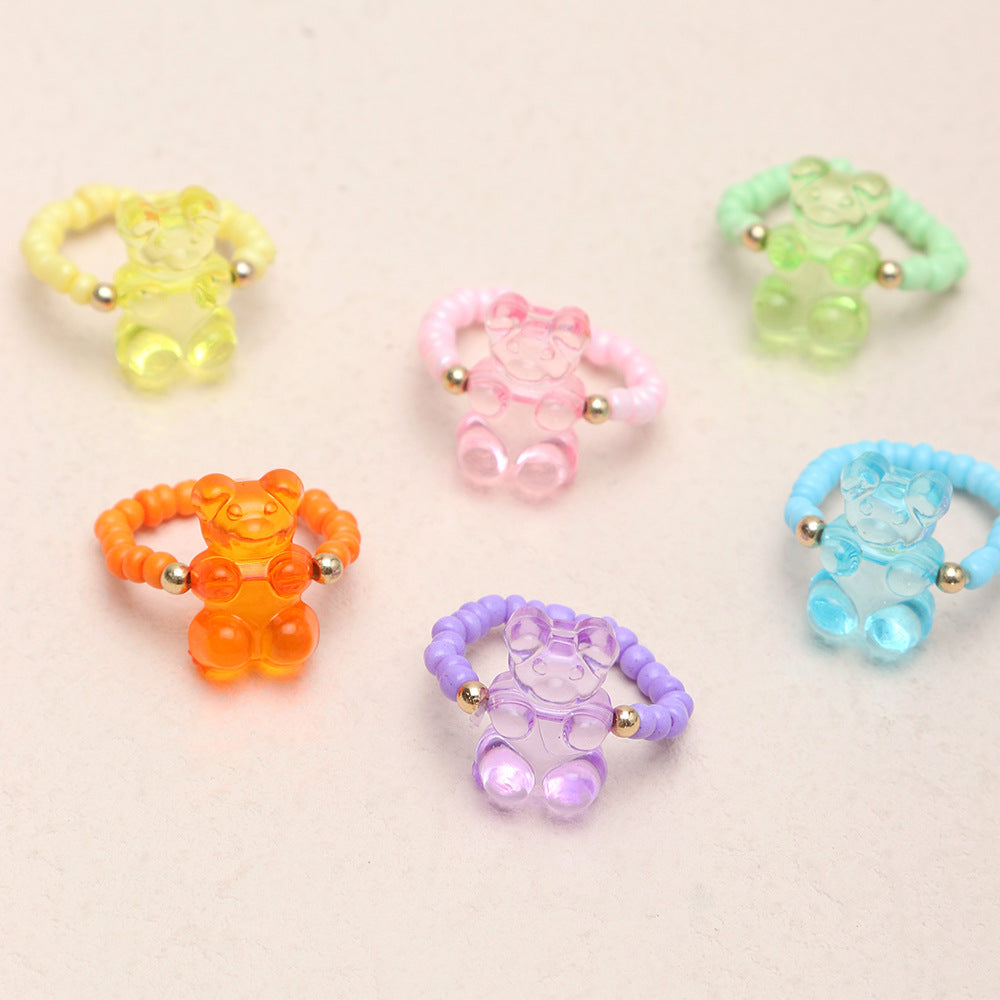 Wholesale Frozen Resin Bear Adjustable Rice Bead Ring 6 Sets