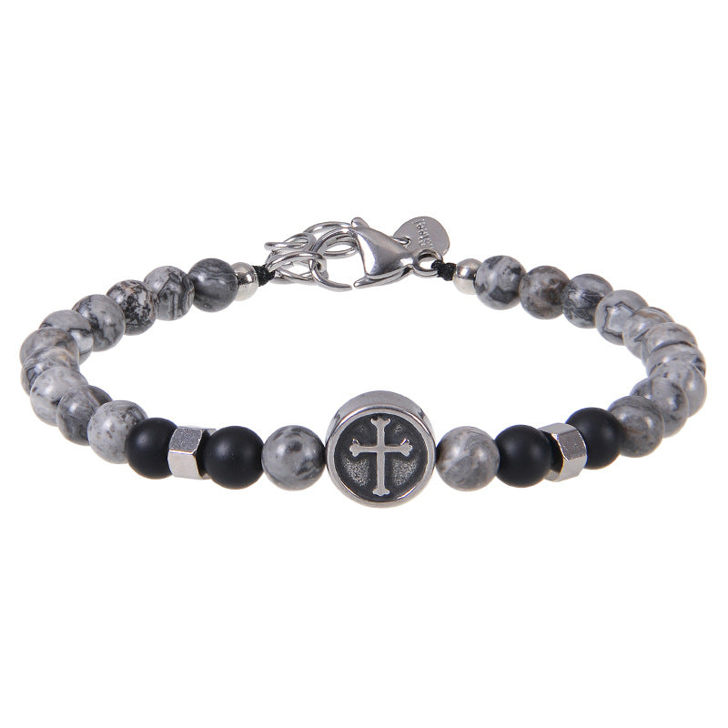 Wholesale Vintage Stainless Steel Cross Men's Natural Stone Beaded Bracelet