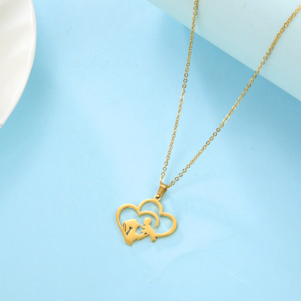 Wholesale Mother's Day Hollowed Out Stacked Love Mother Holding Baby Silhouette Stainless Steel Necklace