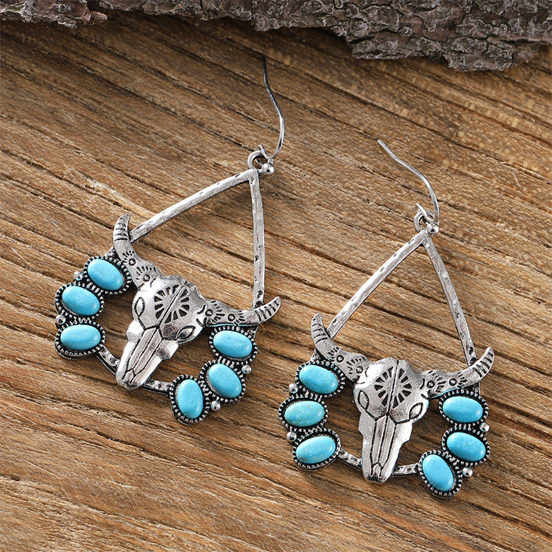 Wholesale Western Style Bull Head Tribal Turquoise Exaggerated Retro Ethnic Style Earrings