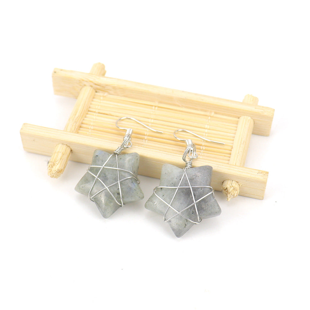 Wholesale Hand-wound Natural Crushed Stone Crystal Tiger Stone Pentagram Earrings