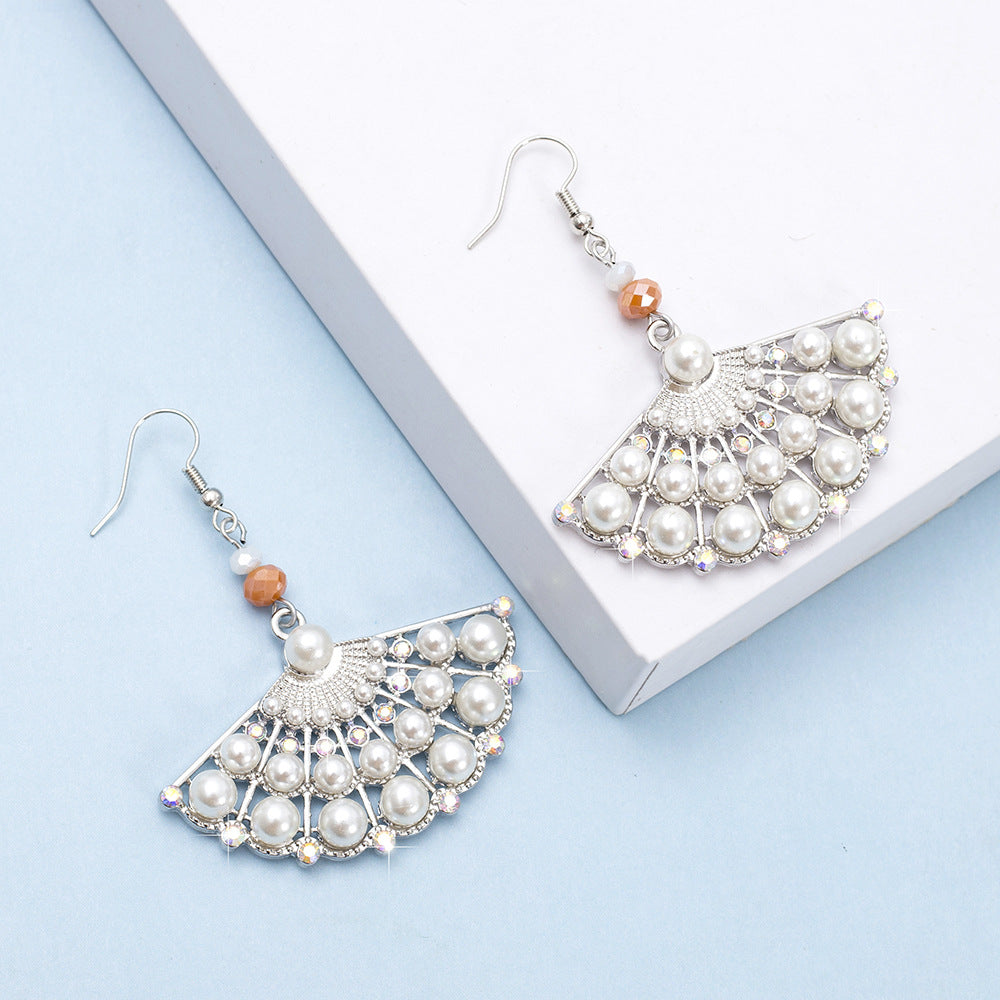 Wholesale Ethnic Style Hollow Zinc Alloy Diamond Imitation Pearl Fan Earrings
