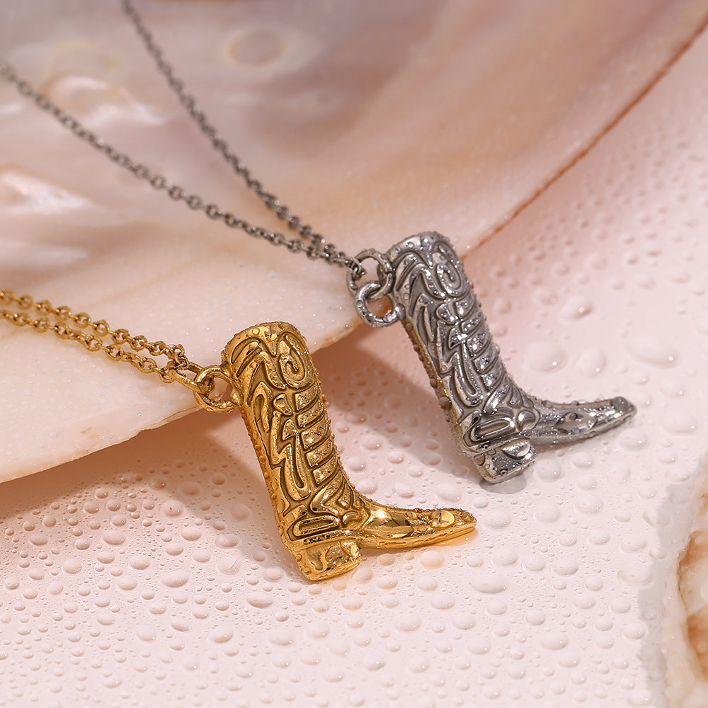 Wholesale Stainless Steel Gold Plated Western Cowboy Boot Pendant Necklace