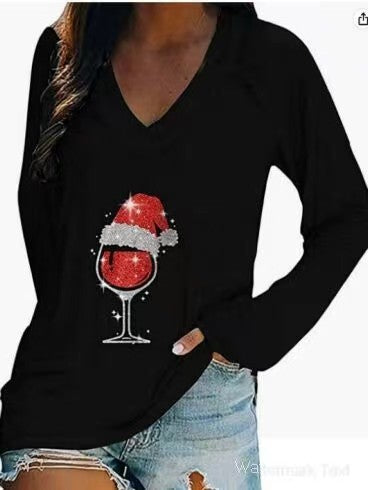 Wholesale Valentine's Day Long Sleeve Women's Long Sleeve Cup Printing Long Sleeve V-neck T-shirt