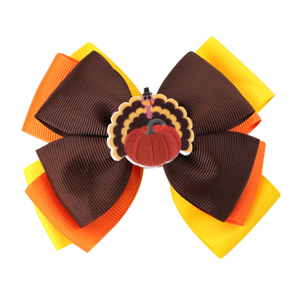 Wholesale 10pcs/pack Thanksgiving Children' s Bow Hairpin Point Small Turkey Accessories Headwear Rowan Ribbon