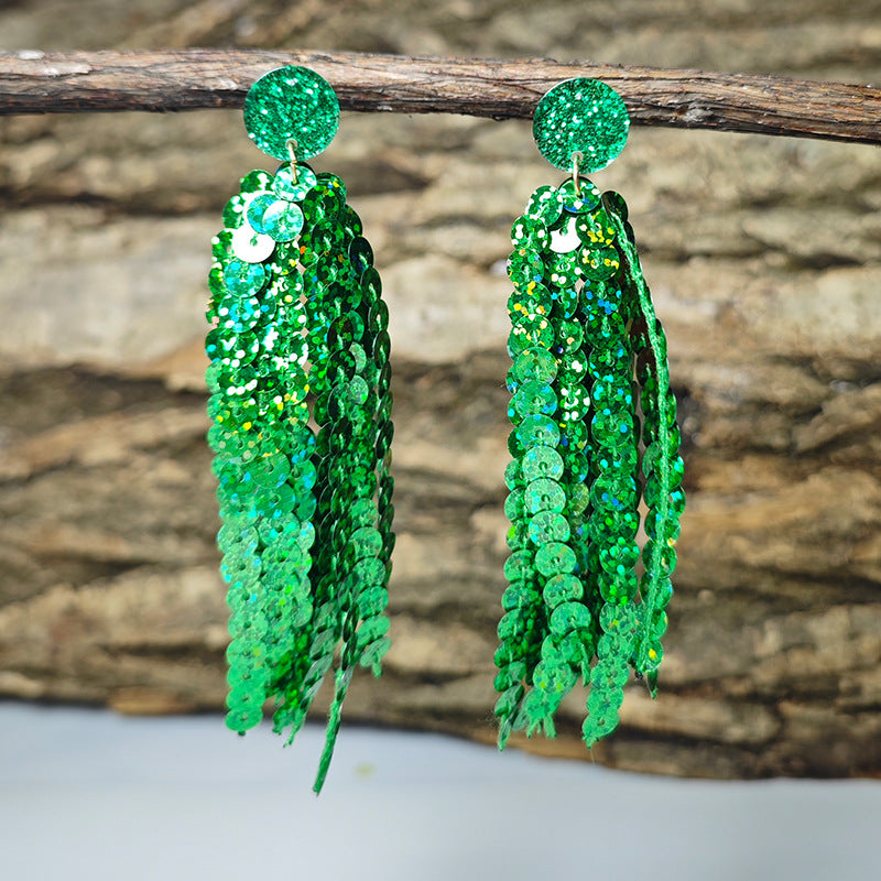 Wholesale Shiny Laser Green Sequin Round Tassel San Patrick Atmosphere Earrings