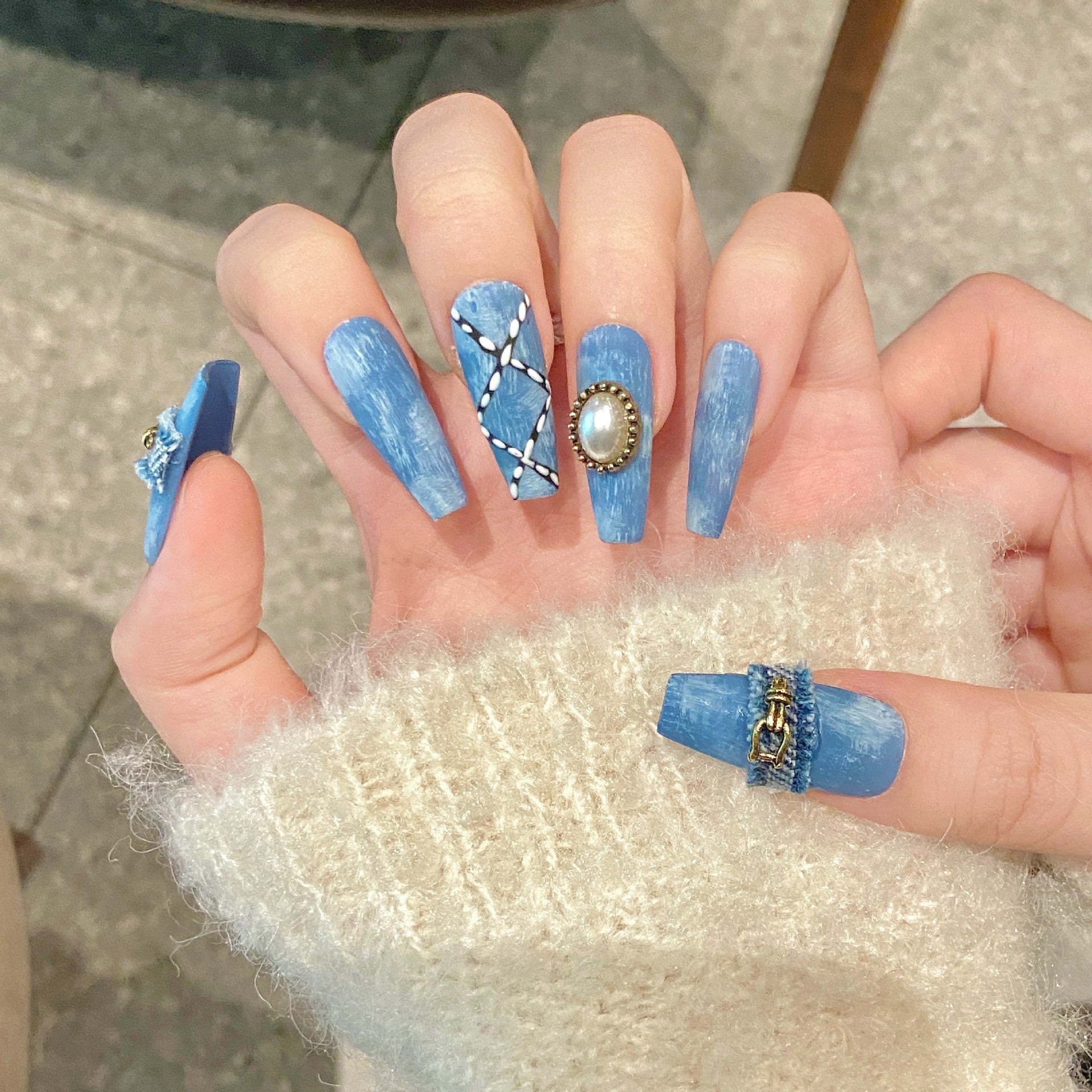 Wholesale Cowboy style cross nail art wear denim raw edge handmade original design bevel cut hand-painted
