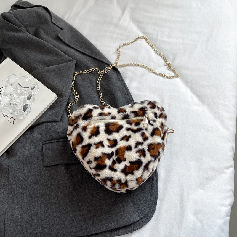 Wholesale Leopard Print Plush Heart Crossbody Bag