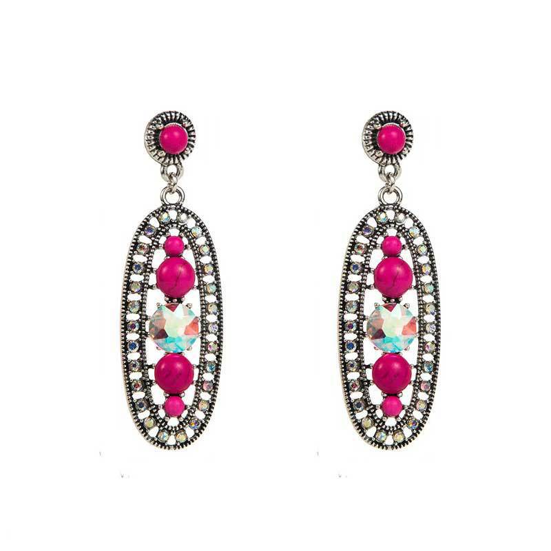 Wholesale Retro Western Bohemian Hollow Long Drop Earrings Alloy With Turquoise Inlay Boutique Resale Jewelry Accessory