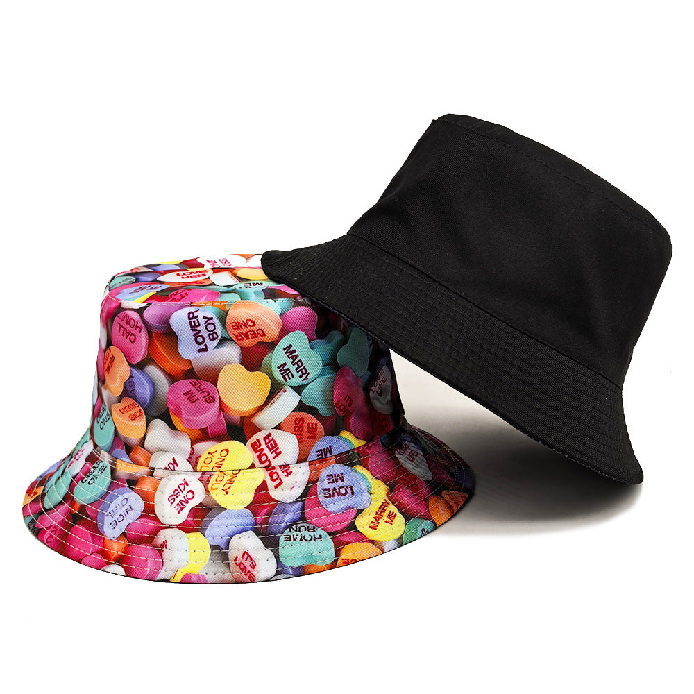 Wholesale Valentine's Day Love Candy Printed Fisherman Hat Couple Outdoor Sun Hat Children's All-match Double-sided Basin Hat