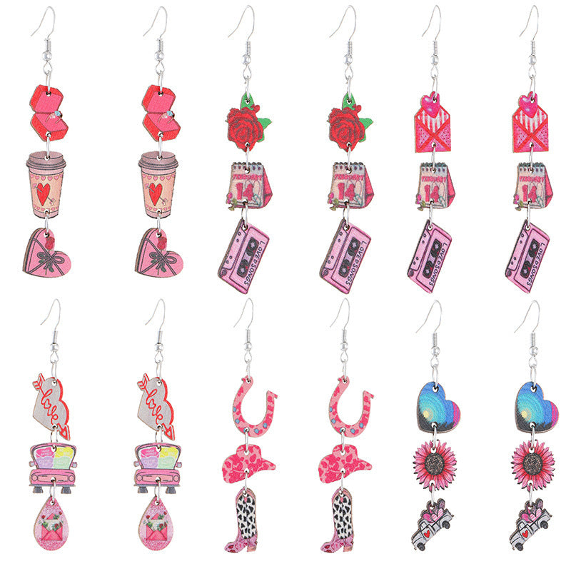 Wholesale Valentine' s Day pink heart-shaped rose fringed earrings