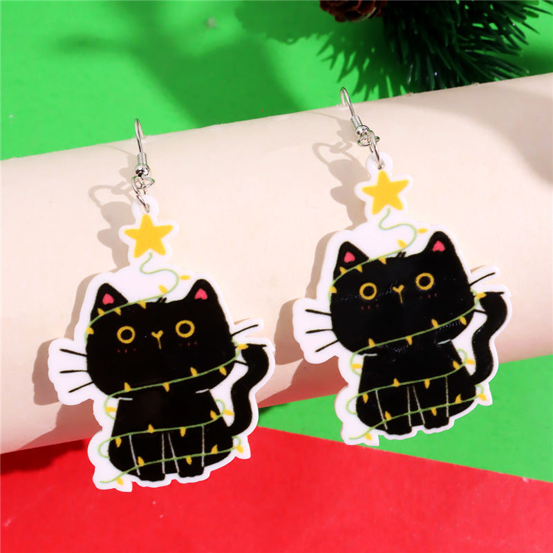 Wholesale Christmas Lantern Black Cat Bell Acrylic Pendant Earrings